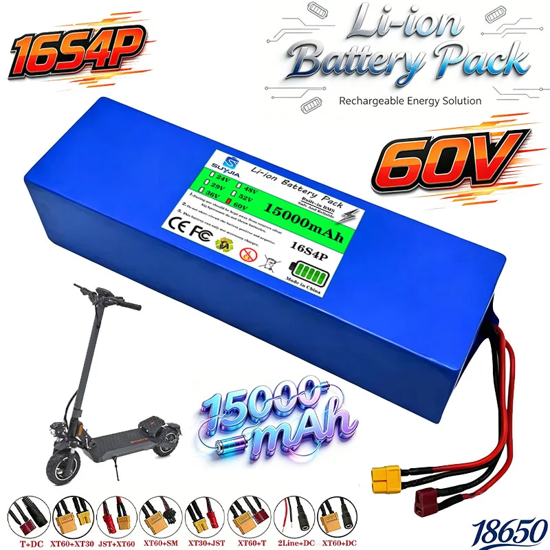 15Ah 60V 16s4p lithium-ion battery, 60V 15000mAH 1500W electric battery, built-in 30A BMS