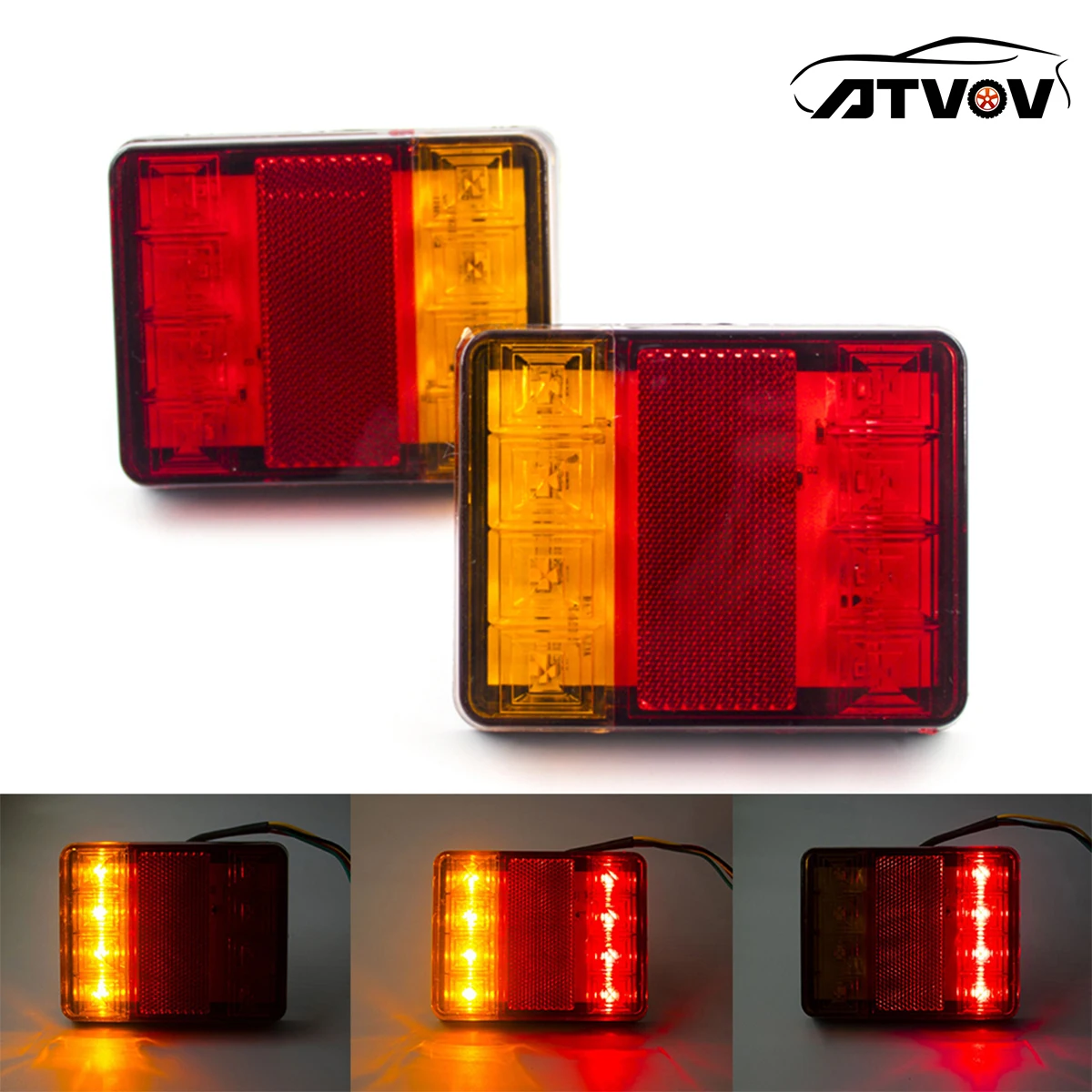 ATVOV 2Pcs Set Waterproof 8 LED 12V Rear Taillight Brake Stop Turn Signal Indicator Lamp Car Truck Trailer Caravan Van Boat RV