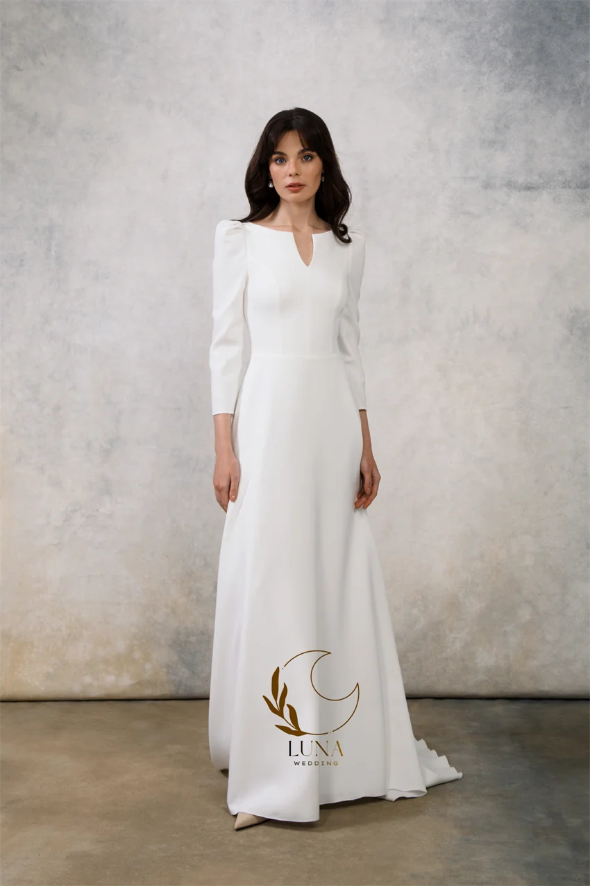 Luna Customized V-Neck Long Sleeves Soft Satin Wedding Dress for Women 2026 Minimalist Slim-Fit Brides Dress vestidos de novia