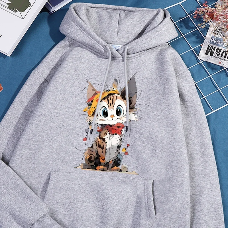 Cartoon Cute Cat Print Hooded Mensimple High Quality Hoodies Autumn Fleece Casual Hoodie Hip Hop Loose Pullover Top Woman