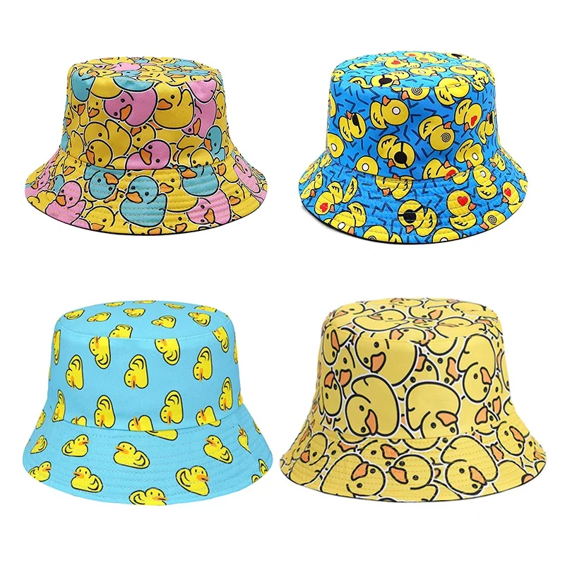 Amber Cartoon Duck Bucket Hat Cute Printing Fisherman Hats For Men Women Double Sides Panama Cap 58cm Summer Outdoor Sun Caps