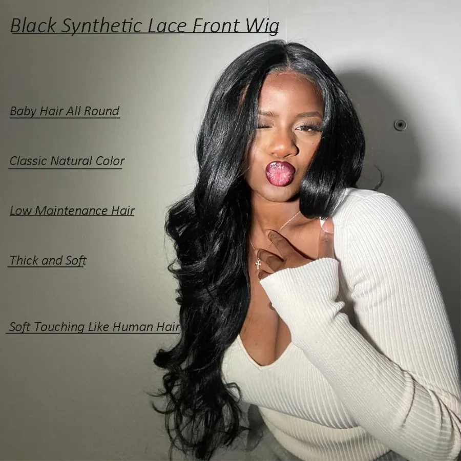 باروكة صناعية سوداء مقاس 28 بوصة للنساء مع الجزء الأوسط وخط شعر من الدانتيل الأمامي، تصميم مقاوم للحرارة مثالي لـ D #5