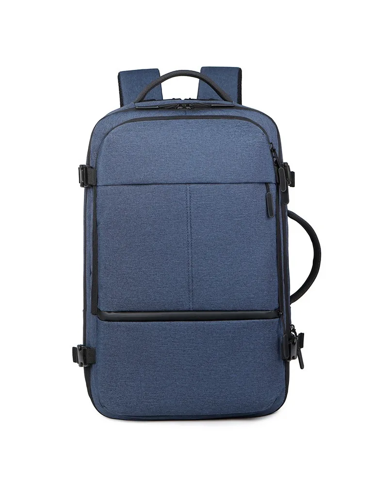 Navy blue expandable business laptop backpack with multi compartment design water resistant fabric suitable for office work