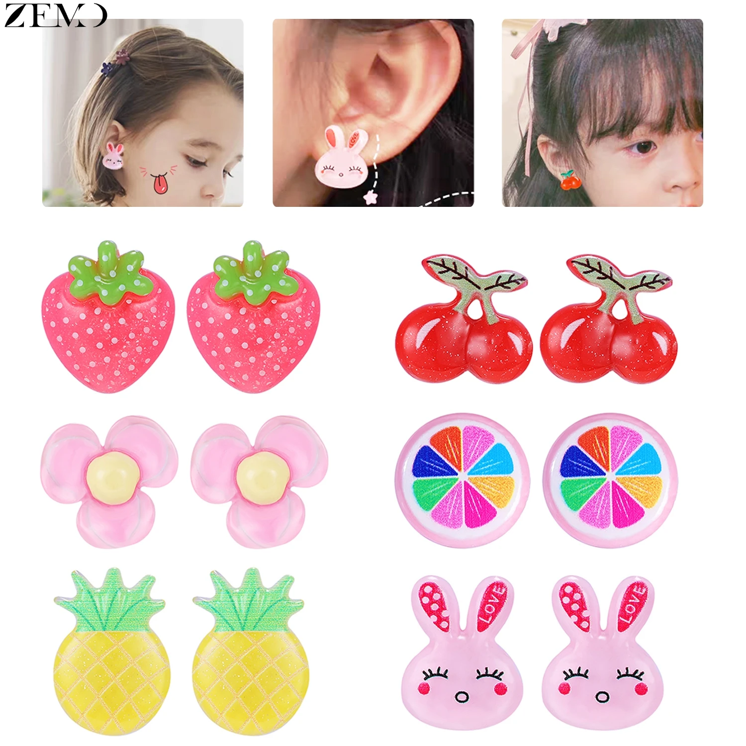 

ZEMO 7pairs/lot Resin Clip-on Earrings For Girls Women Lovely No-Pierced Ear Studs Clips Pineapple Rabbit Fake Piercings Jewelry