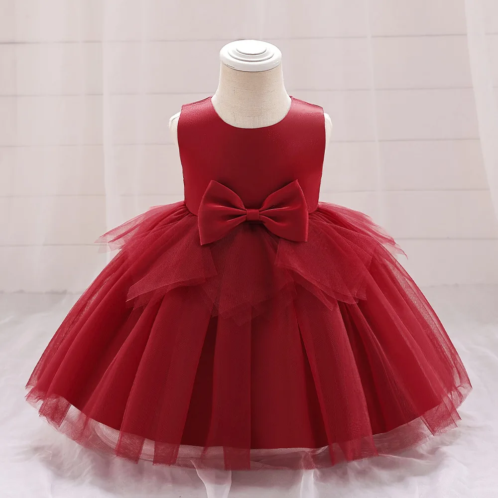 New Product Bow Irregular Mesh Puffy Skirt Sleeveless Wedding Flower Girl Family Gathering School Performance Dress