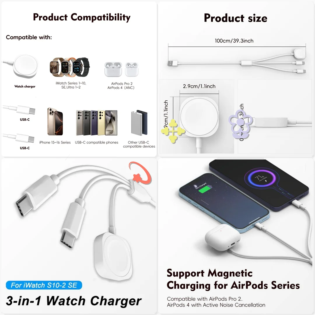Magnetic 3 in 1 Fast Charging Cable for iWatch AirPods Dual Type C Phone Office Desk Quick Power Top Up Dock