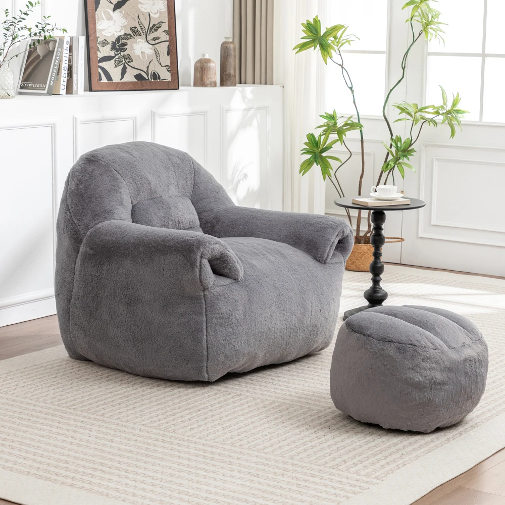 Bean Bag Chair, Comfy Bean Bag Sofa with Back Support, With Footstool,Faux Fur Bean Bag Chair for Adults and Kids, Stuffed Floor Sofa for Living Room, Bedroom, Apartment, Grey
