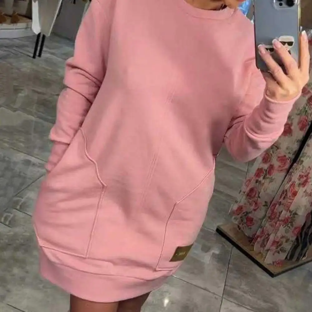 Casual sweatshirt Stijlvolle damessweatshirtjurk met zakken Casual mini-jurk met ronde hals en lange mouwen voor dagelijks gebruik Effen