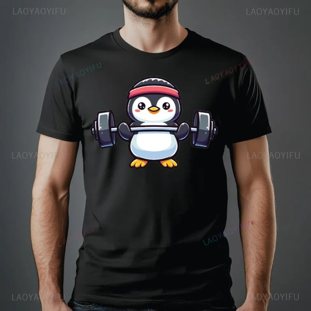 Kawaii Penguin Powerlifting Weightlifting Gym T-shirt Casual Fashion Loose Harajuku Style Cotton Hip Hop Punk Women Man Tshirt
