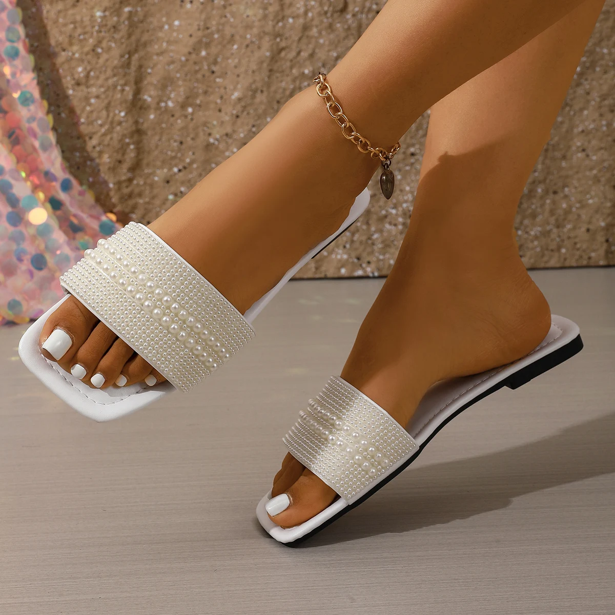 Ladies' Elegant Pearl Strap Flat Sandals, Open Toe White Slides, Comfortable Non-Slip Summer Slippers for Daily Wear view 5