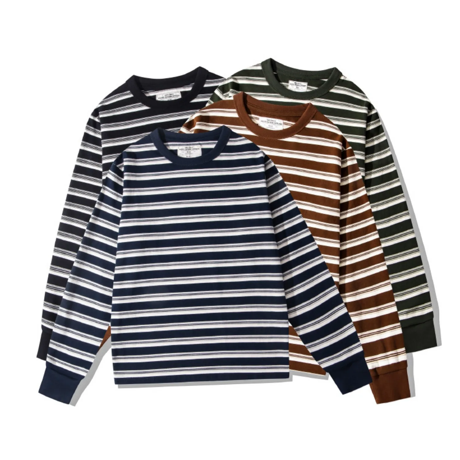 Spring and Autumn Men's Heavyweight Horizontal Stripe Round Neck Long Sleeve T-Shirt Loose Casual Bottoming Shirt