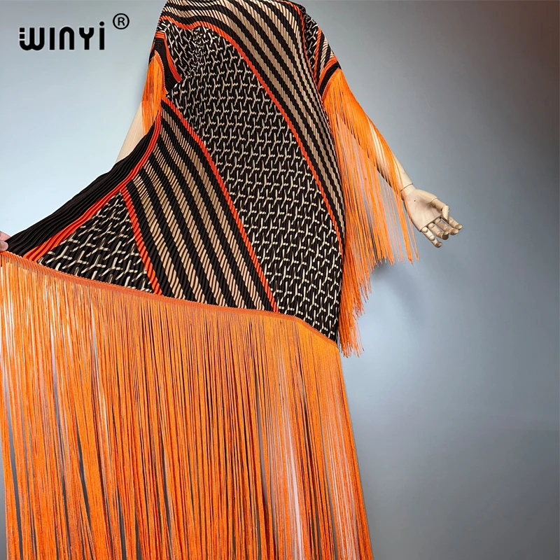 WINYI Summer Pleated Fringed maxi dress Women crumple kaftan Loose boho robe holiday Elegant evening dress abaya dubai luxury