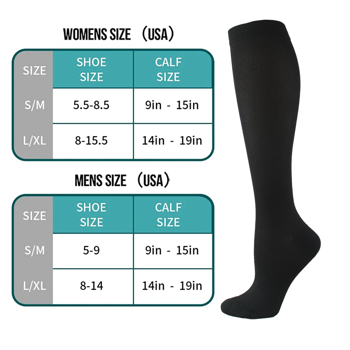 6 Pairs Black Solid Color Compression Stocking Women Men Knee High Sport Socks Edema Diabetes Varicose Veins Compression Socks