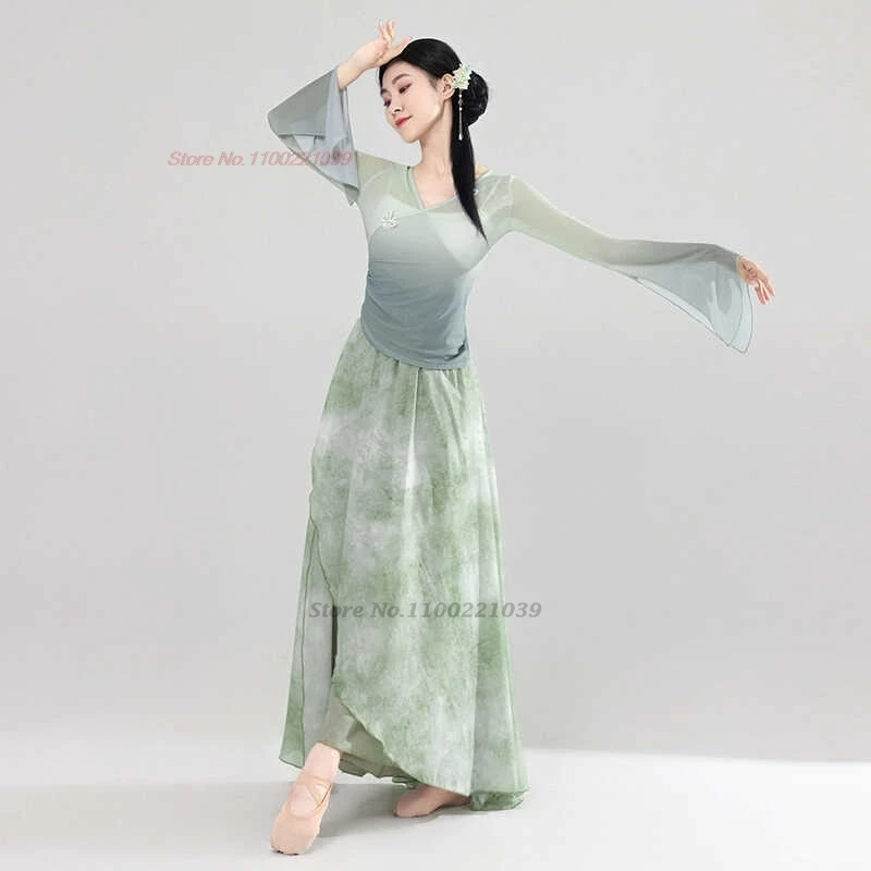 2023 Chinese Traditionele Hanfu Tops + Broek Set Dans Kostuum Stage Performance Jurk Gradiëntkleur Mesh Hanfu Volksdans Jurk