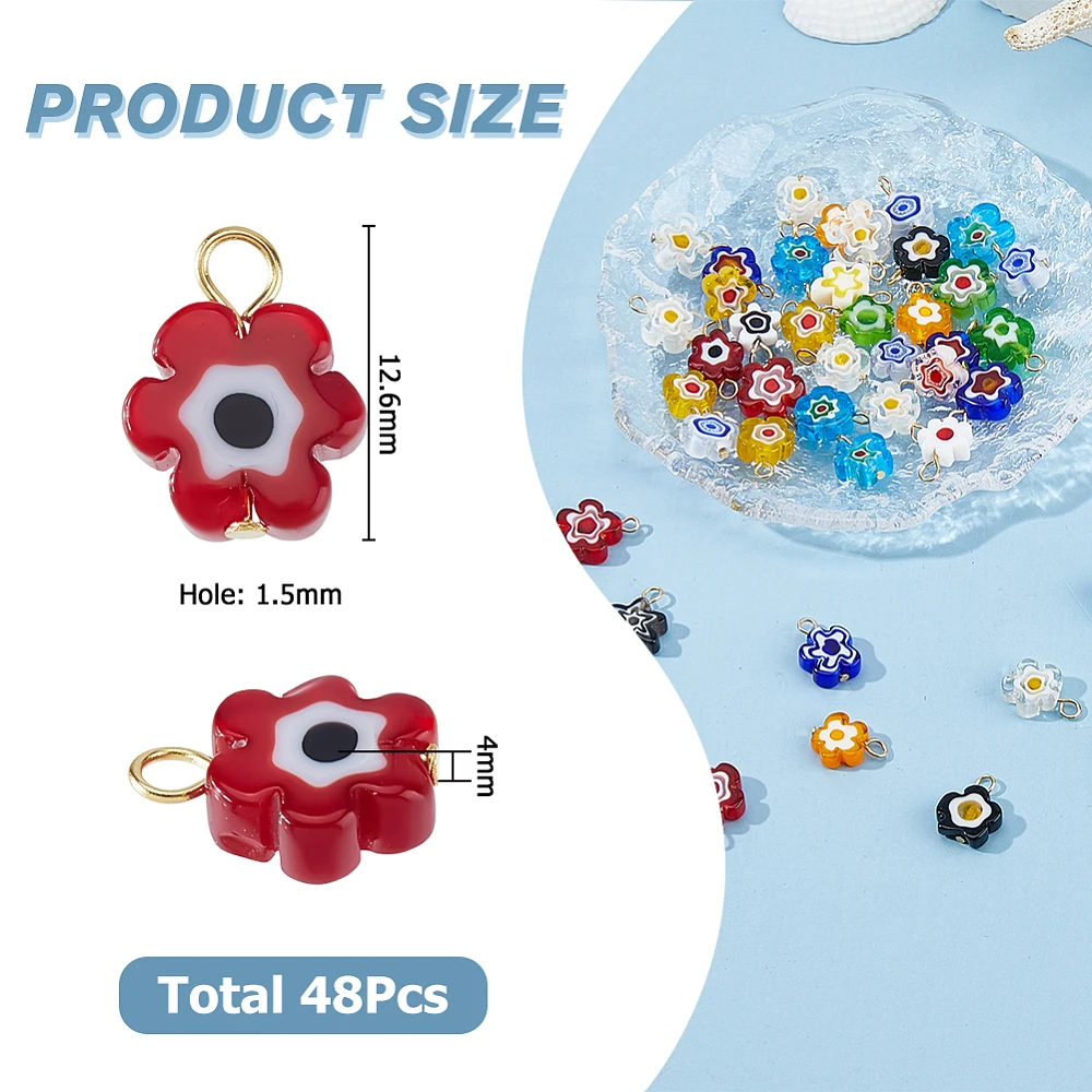 Millefiori Glass Charms Assorted Lampwork Floral Charms Glass Beads with Real 18K Gold Plated Flower Loop Bulk Bead