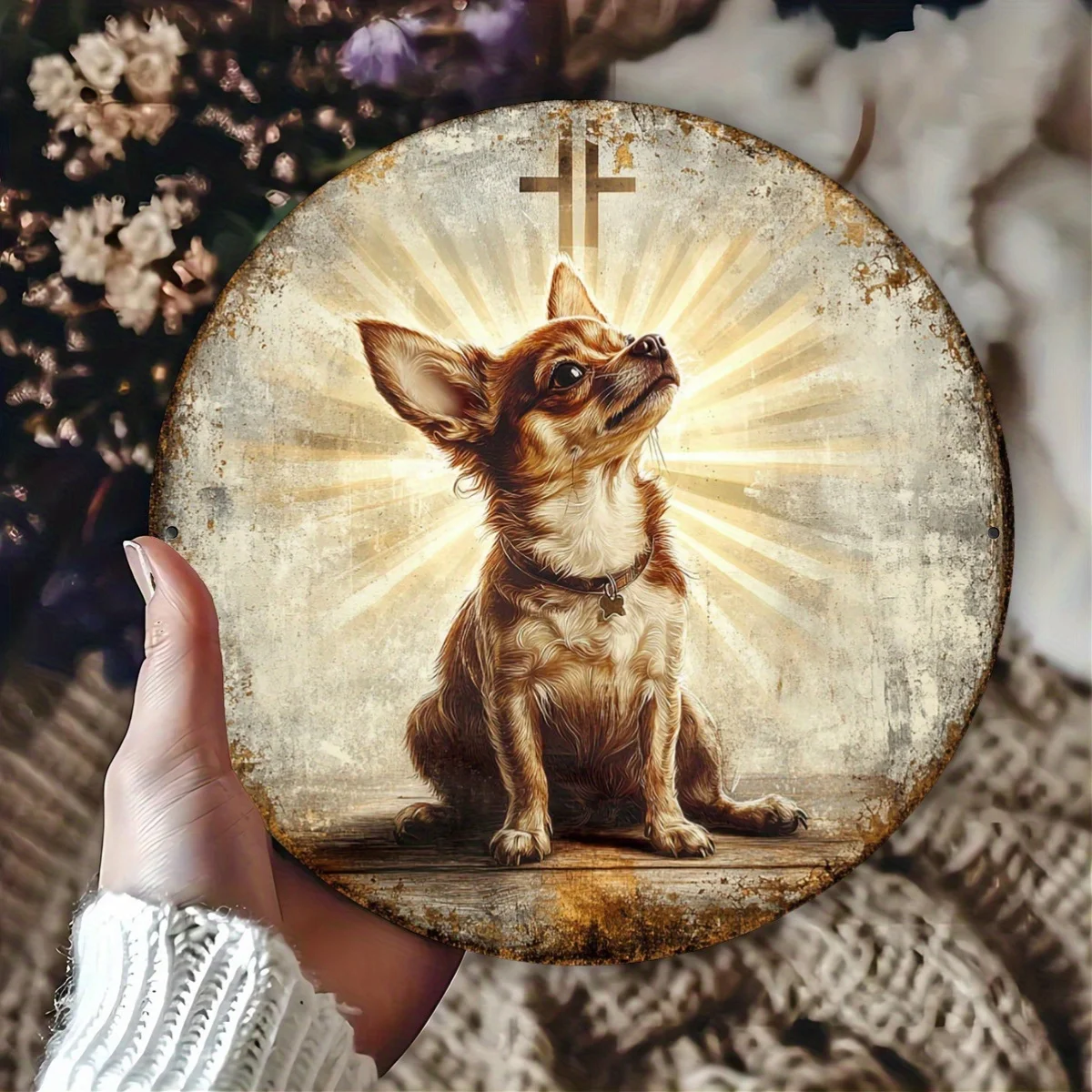 1 Stück Chihuahua Gebet Aluminium Metall rundes Blechschild – Retro-Vintage-Wandkunst für Heimdekoration, Garten, Männerhöhle – inspirierende Han