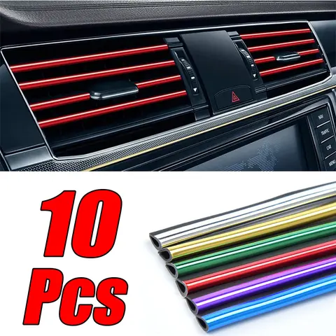 10Pcs 20cm U 자형 자동차 공기 배출구 장식 스트립 크롬 도금 PVC 다채로운 반짝 이는 자동차 트림 스트립 자동 인테리어 액세서리