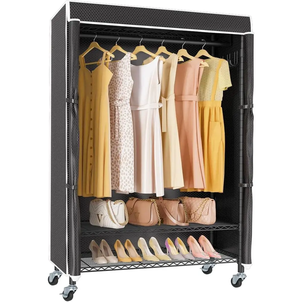 R3C Portable Closet or Hanging Clothes Rolling Rack with Cover | Lockable Wheels, Adjustable Wire Shelving Heavy Duty, Metal Sid