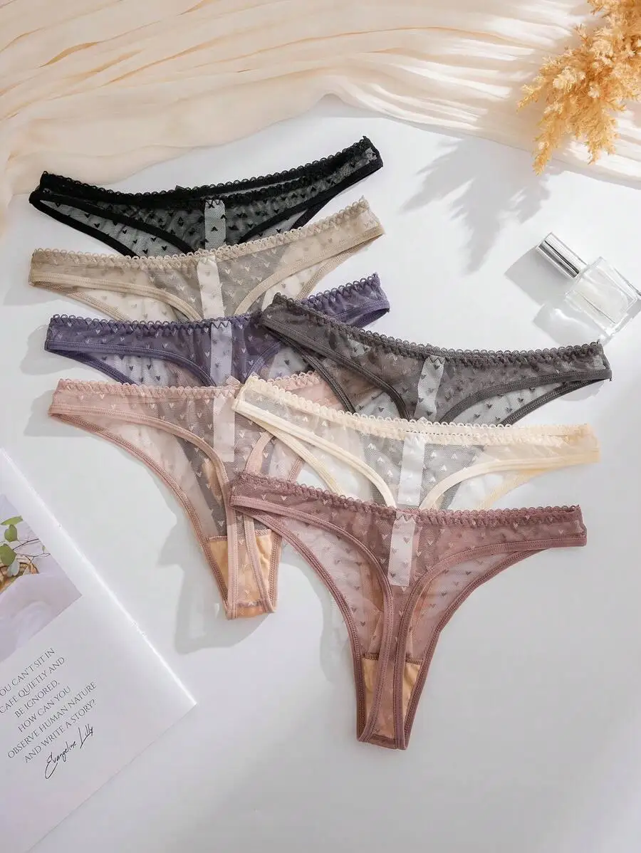 

7pcs Womens Mesh Thong Panties With Heart Print And Bow Decor