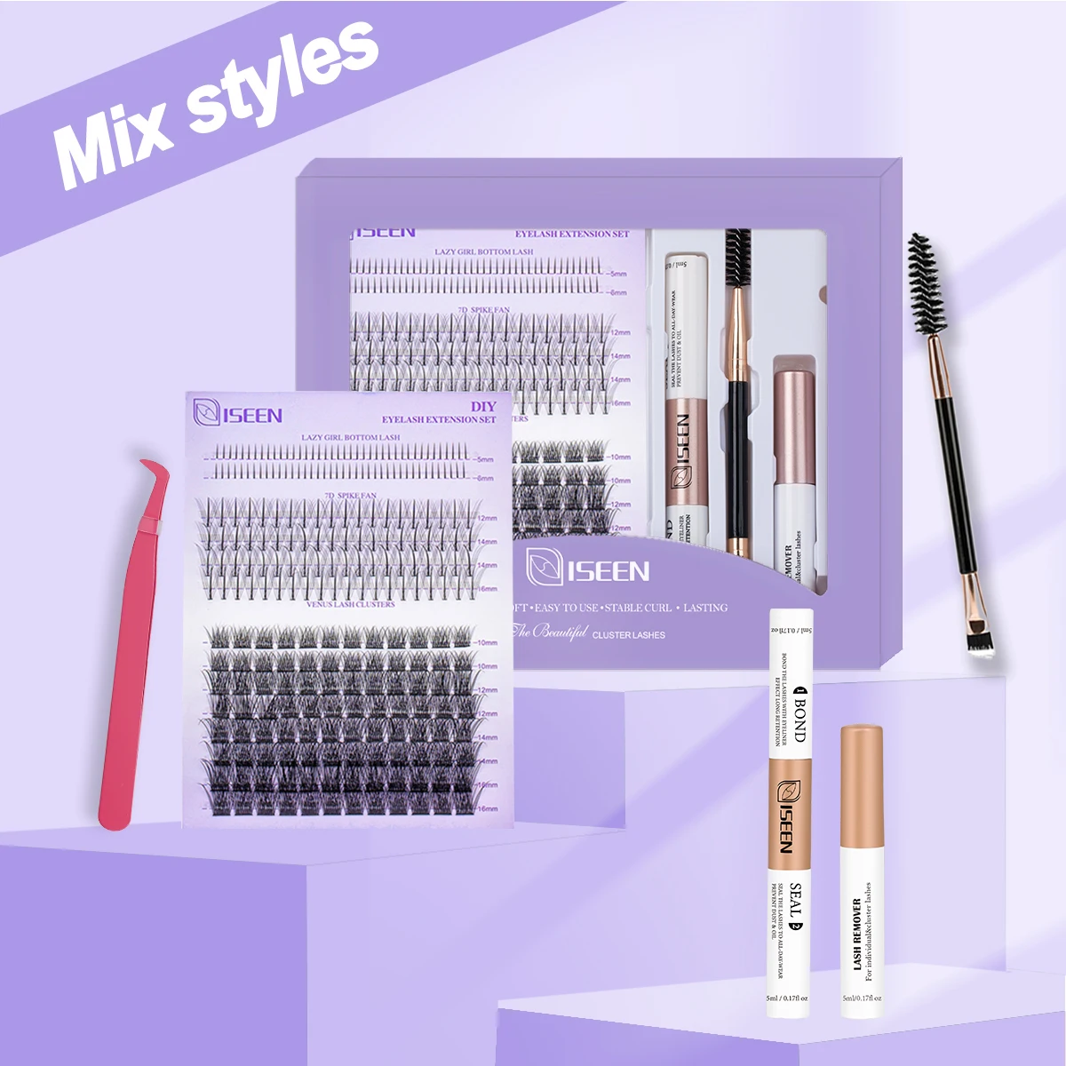 مجموعة أدوات تمديد الرموش DIY مع ربط الرموش والختم وملاقط الرموش وفرشاة ومزيل غراء الرموش