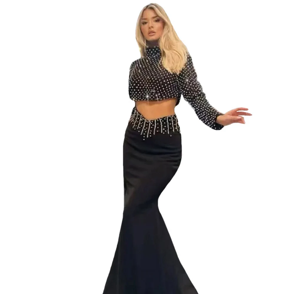 

Женские бандажные комплекты, сексуальный топ с длинными рукавами и бисером, длинная юбка, комплекты из двух предметов, клубная вечеринка, женская одежда знаменитостей
