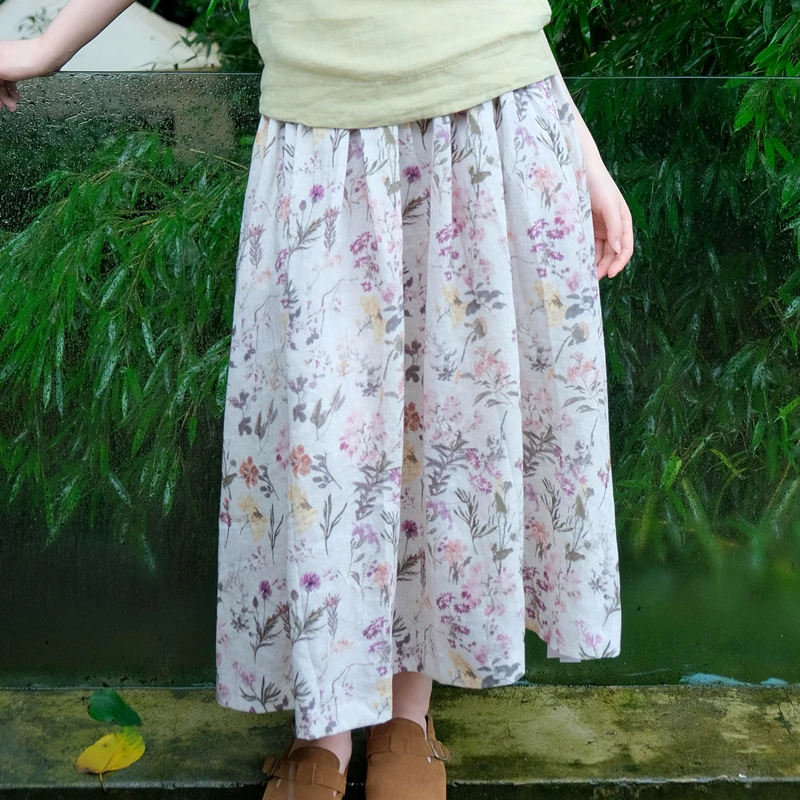 

Летняя свободная юбка из чистого льна с широким подолом, дышащая, легкая, миди, для женщин, юбка А-силуэта со средней талией
