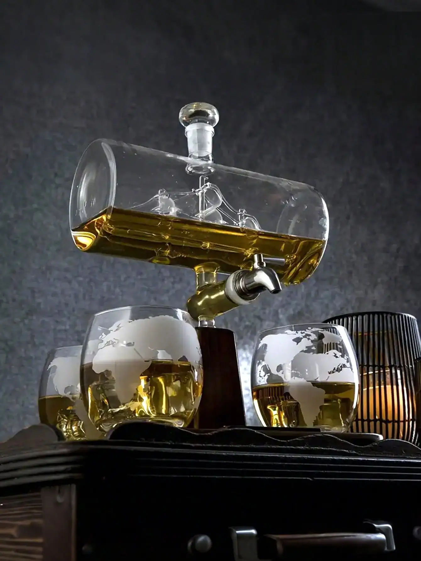 Whiskey Decanter Set with 4 Glass Glasses, 1300 ml, Sailboat Design, for Spirits Bourbon Vodka, Home Bar, Gift for Him