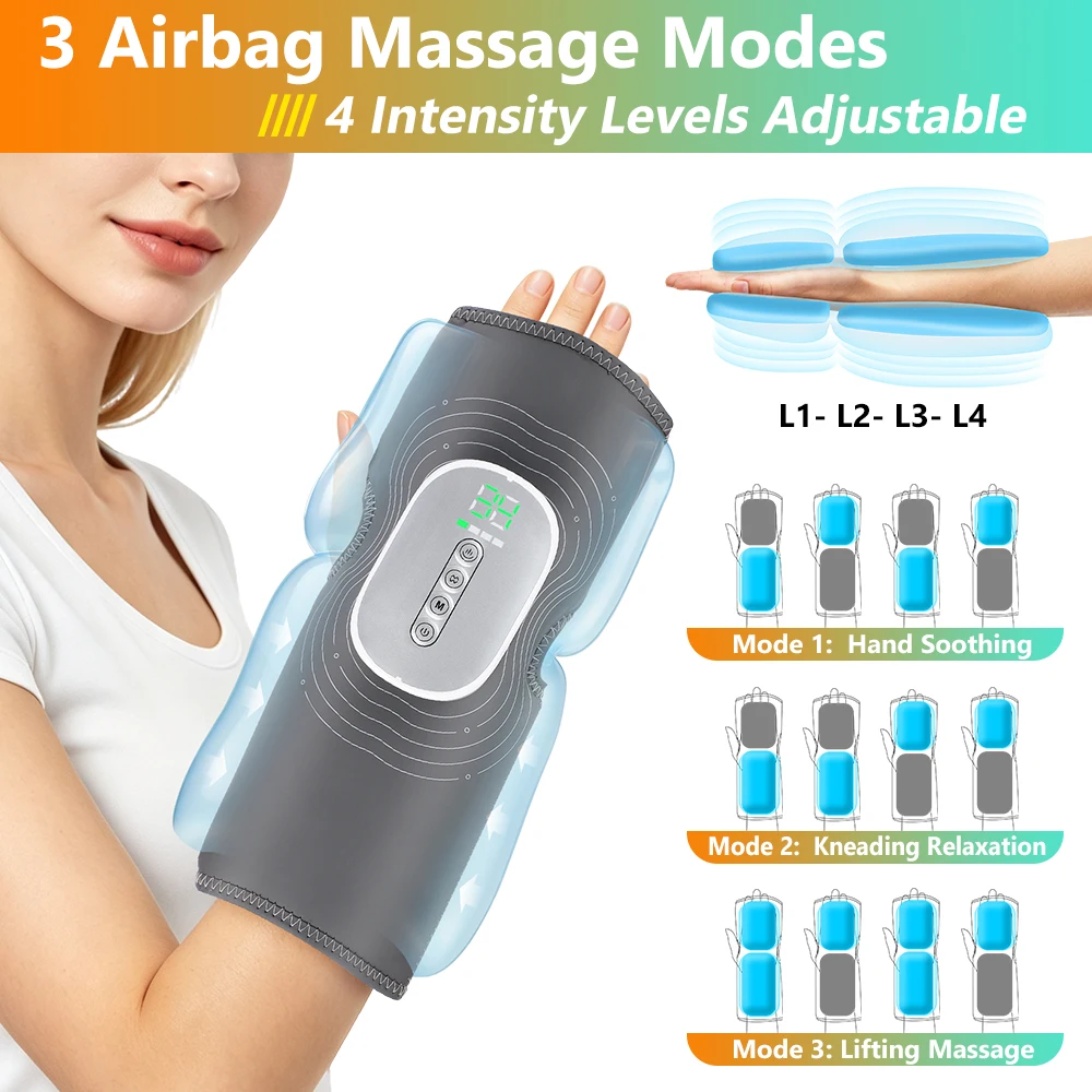 Air Compression Hand Wrist Massager Heated 3 Mode 4 Level Cordless for Carpal Tunnel Soothing 2000mAh