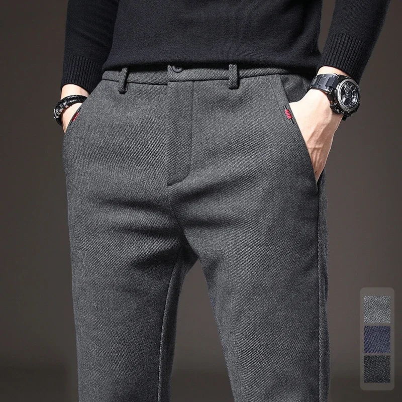 

Winter New Brushed Fabric Casual Pants Men Thick Business Fashion Korea Slim Fit Stretch Gray Blue Black Trousers Male 38