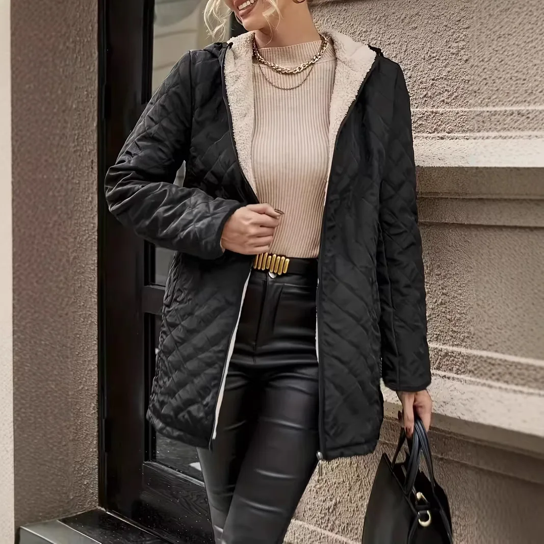 Parkas Hooded Spliced Plaid Women Parka Zipper Fleece Jackets Loose Fit Outerwear Cardigan Warm Winter Long Sleeve Pockets