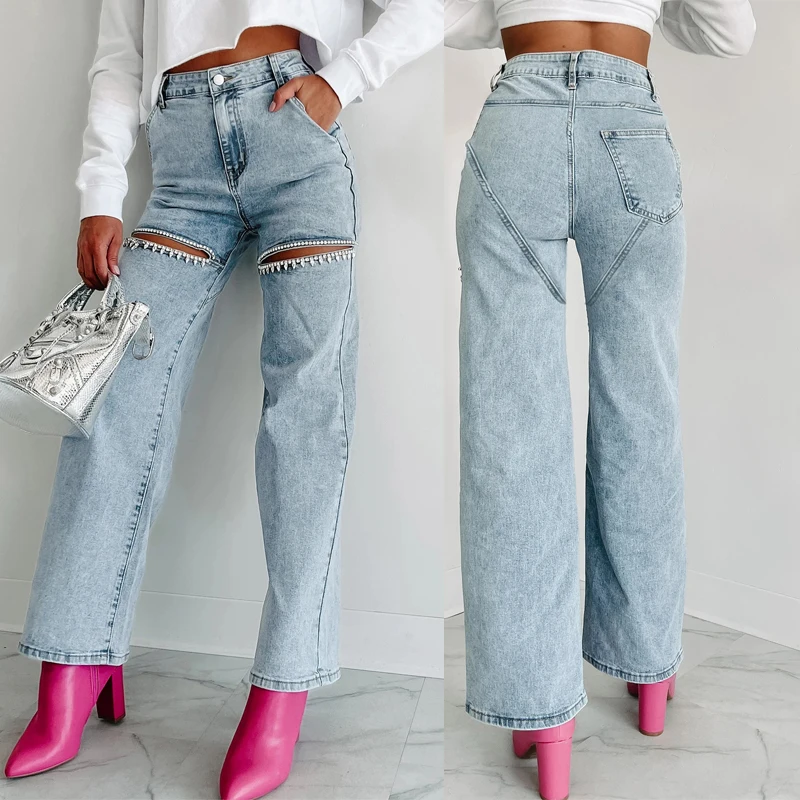 Women Spring Summer Fashion Diamond Patchwork Slim Long Pants Sexy Hollow Design Zipper Jeans Casual High Waist Denim Trousers