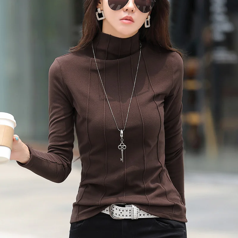 #0355 Turtleneck T Shirt Women Slim Thick Warm Autumn Winter T Shirt Femme Solid Color Skinny Womens Tshirt Cotton Korean Style