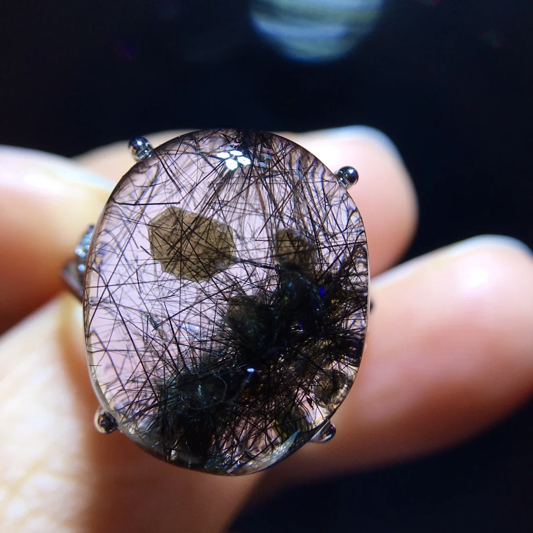 

Natural Black Rutilated Quartz Adjustable Ring 17.2/14.2mm Women 925 Silver Yellow Rutilated Beads AAAAAA