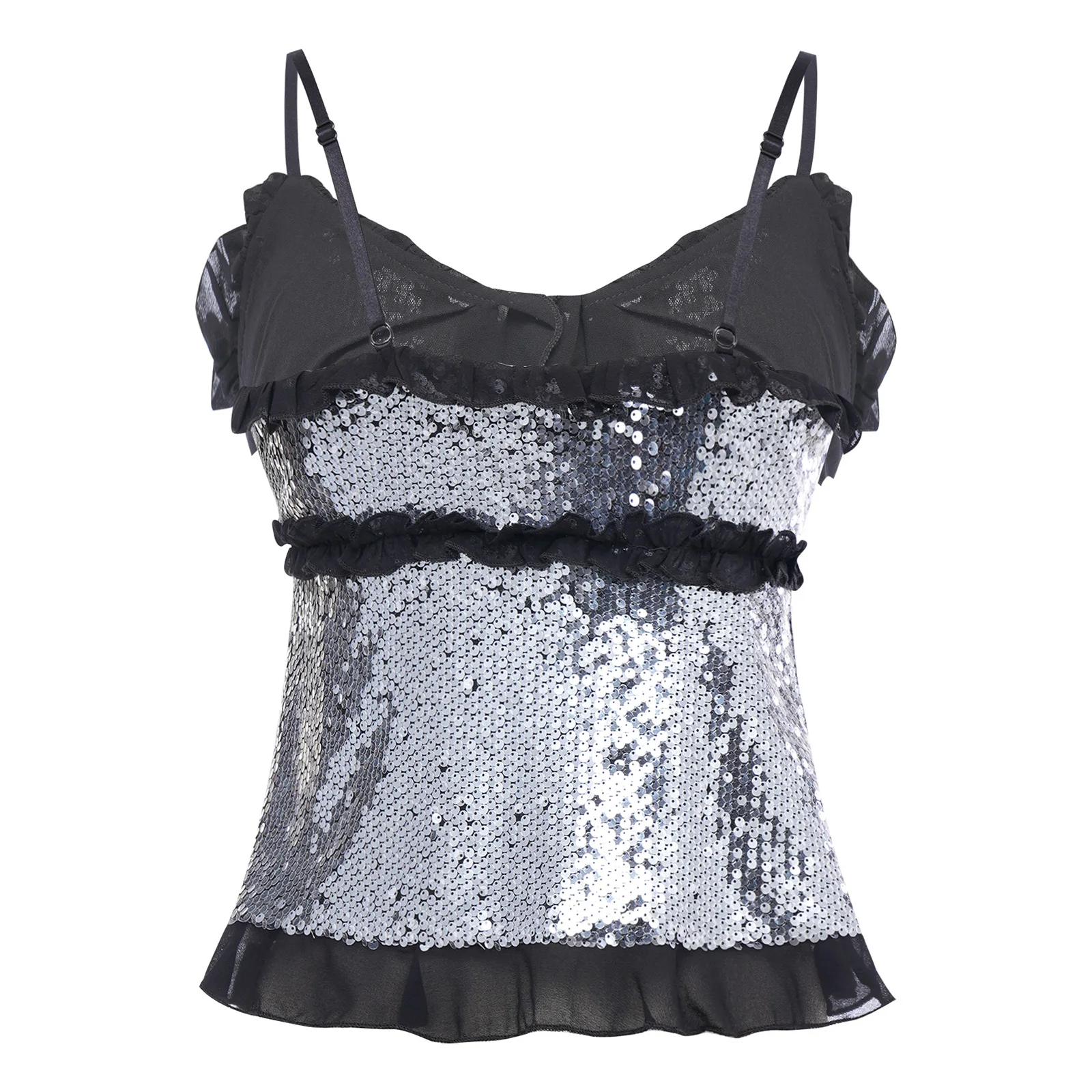 Women Disco Y2k Camis Shiny Sequin Camisole Crop Top Ruffled Trim Lacing Open Front Adjustable Spaghetti Straps Sling Top