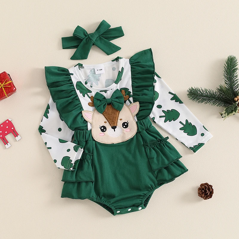 Baby Girl 2Pcs Christmas Outfits Long Sleeve Cartoon Embroidery Bodysuit with Headband Set Infant Clothes