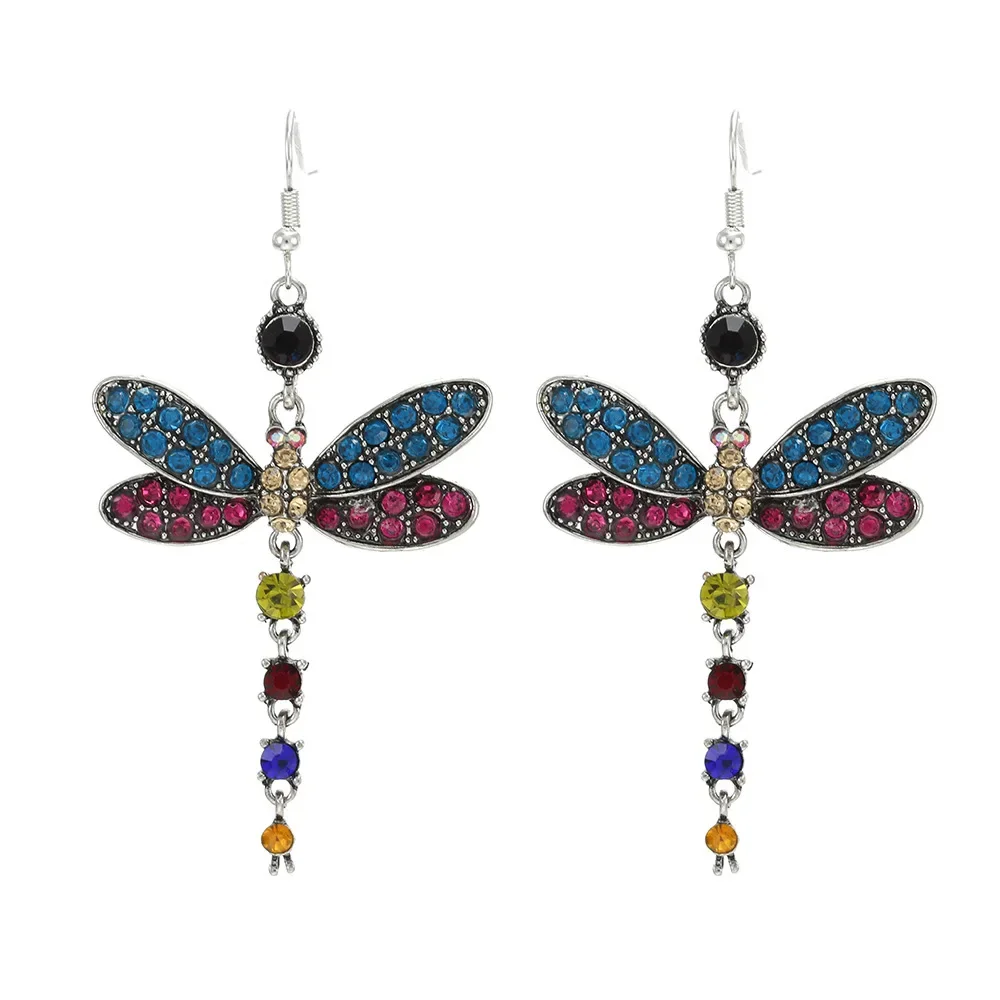 

Ethnic wind set diamond multicolor vintage tassel dragonfly earrings female long ear drop insect