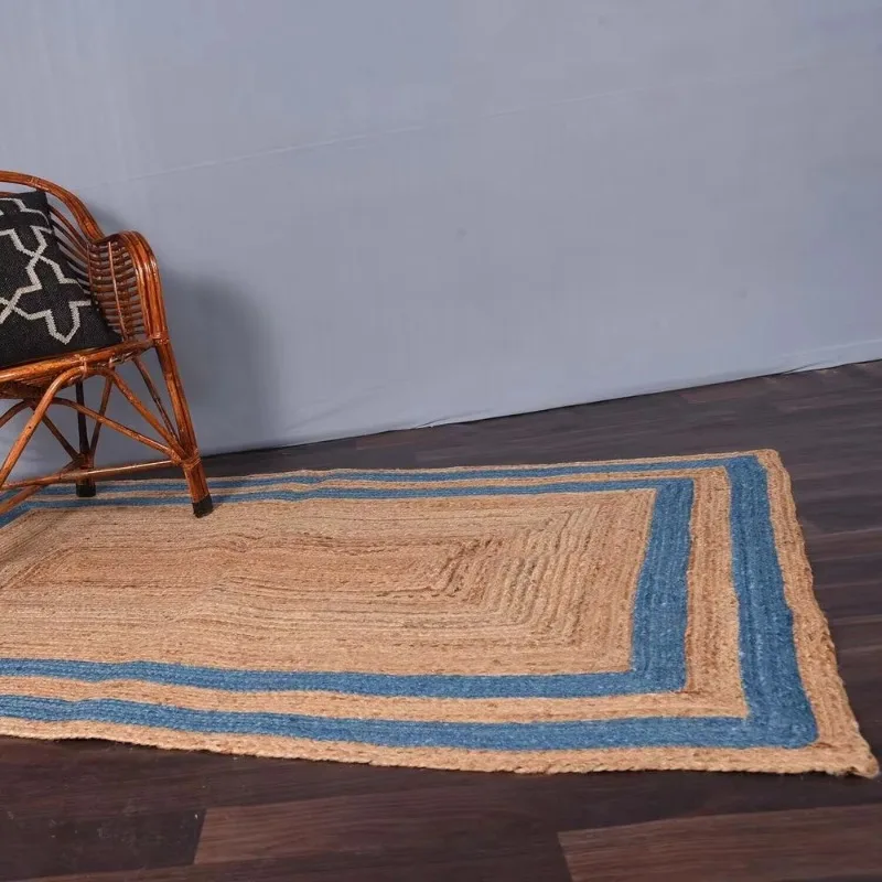 

Jute Rug Turquoise Color Stripe Border Hand Braided Farmhouse Jute Living Area Rug