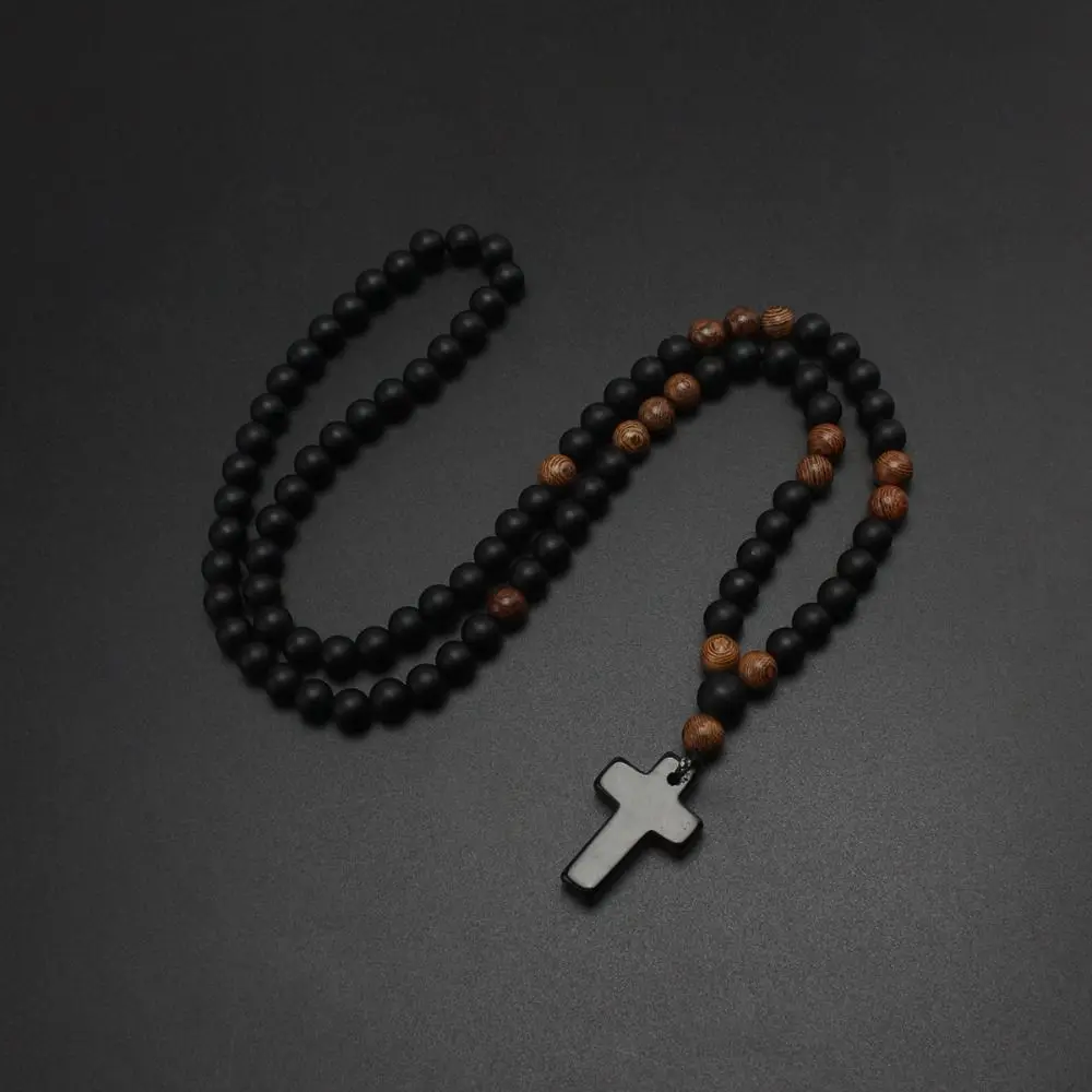 New Cool Rosary Cross Black Round Beads Tiger Eye Stone Cross Pendent Black Cross Pendant Matte Long for Men and Women