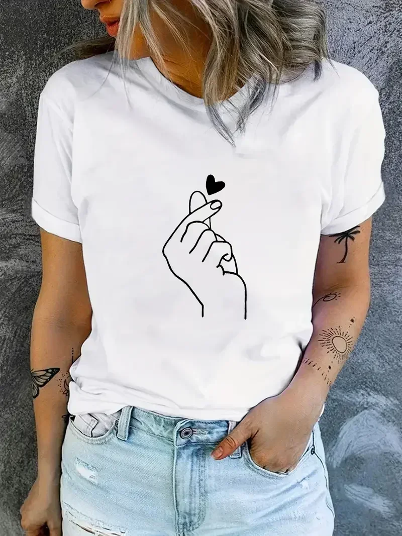 90s Finger Tshirt Heart Print T-Shirt Short Sleeve Crew Neck Casual Top for Summer Spring Women's and Kids Clothing Top Tee