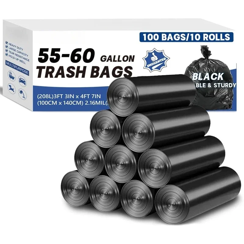 

Hot Sale.55-60 Gallon Trash Bags Heavy Duty 2.1 Mil - 39" x 55" 100 Count Extra Thick Black Trash Bags Unscented