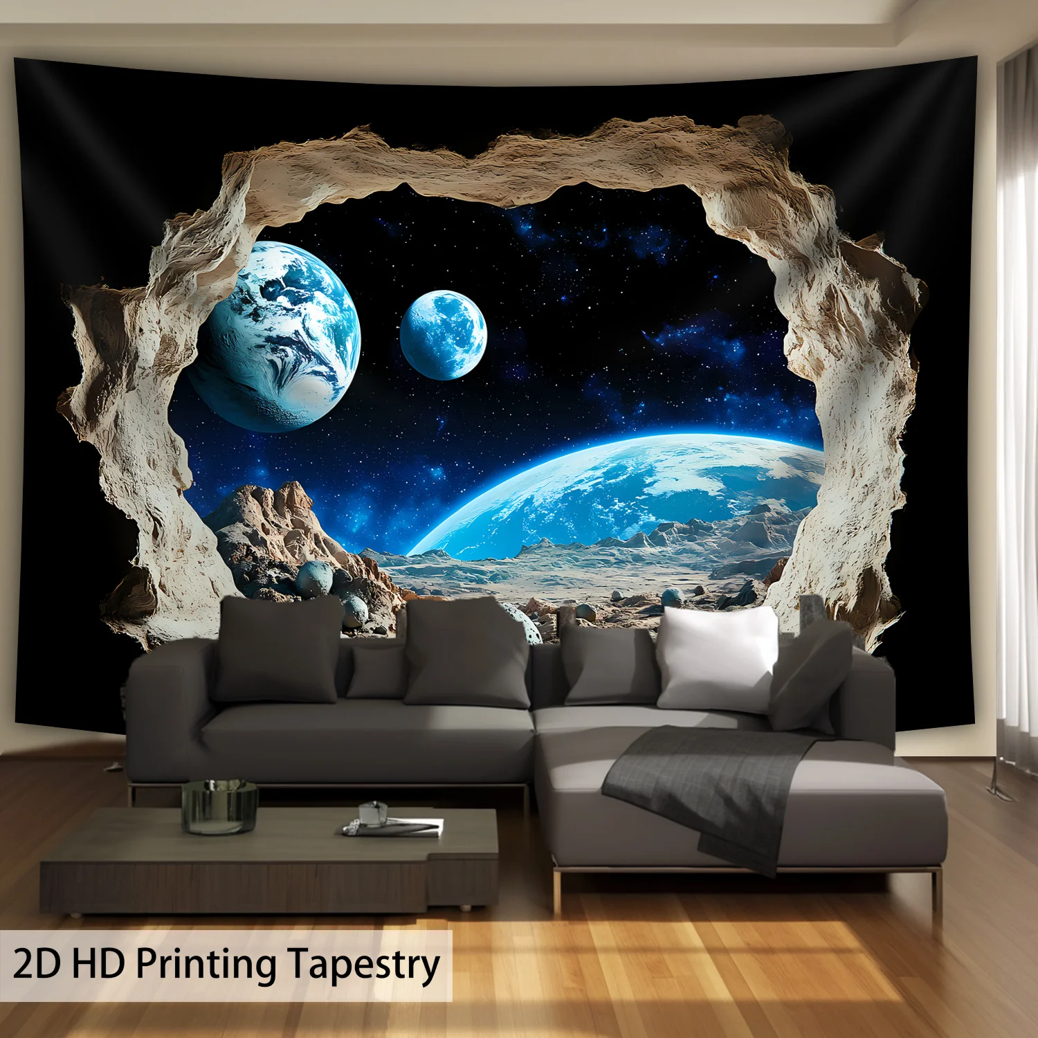 Cosmic Meteor Crater and Starry Moon Hanging Tapestry, High-Definition Galaxy Scenery Wall Decor for Party Backdrop