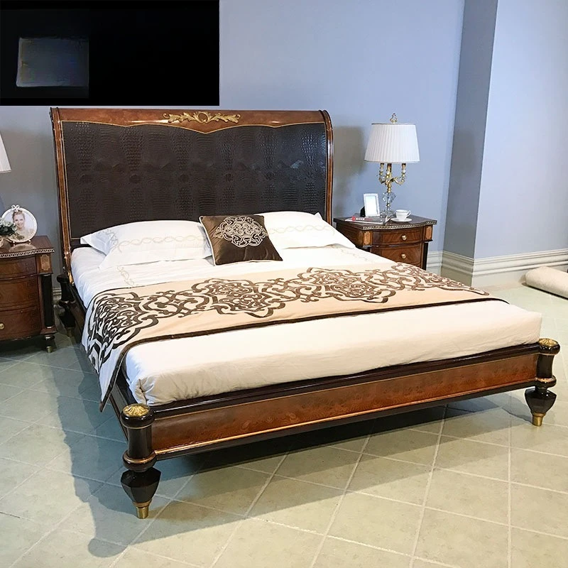 Mahogany European neoclassical English large leather pattern double bed villa mansion furniture