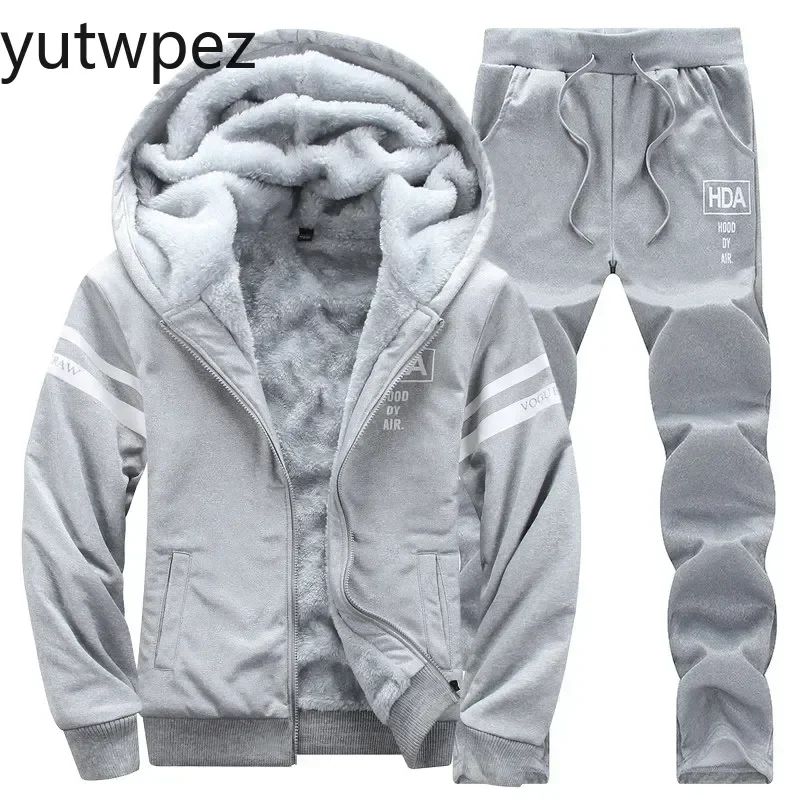Winter Men Set Casual Warm Thick Hooded Jacket+Pants 2PC Sets Outdoor Inner Fleece Hoodies Zipper Tracksuit Sports Suit Outwear