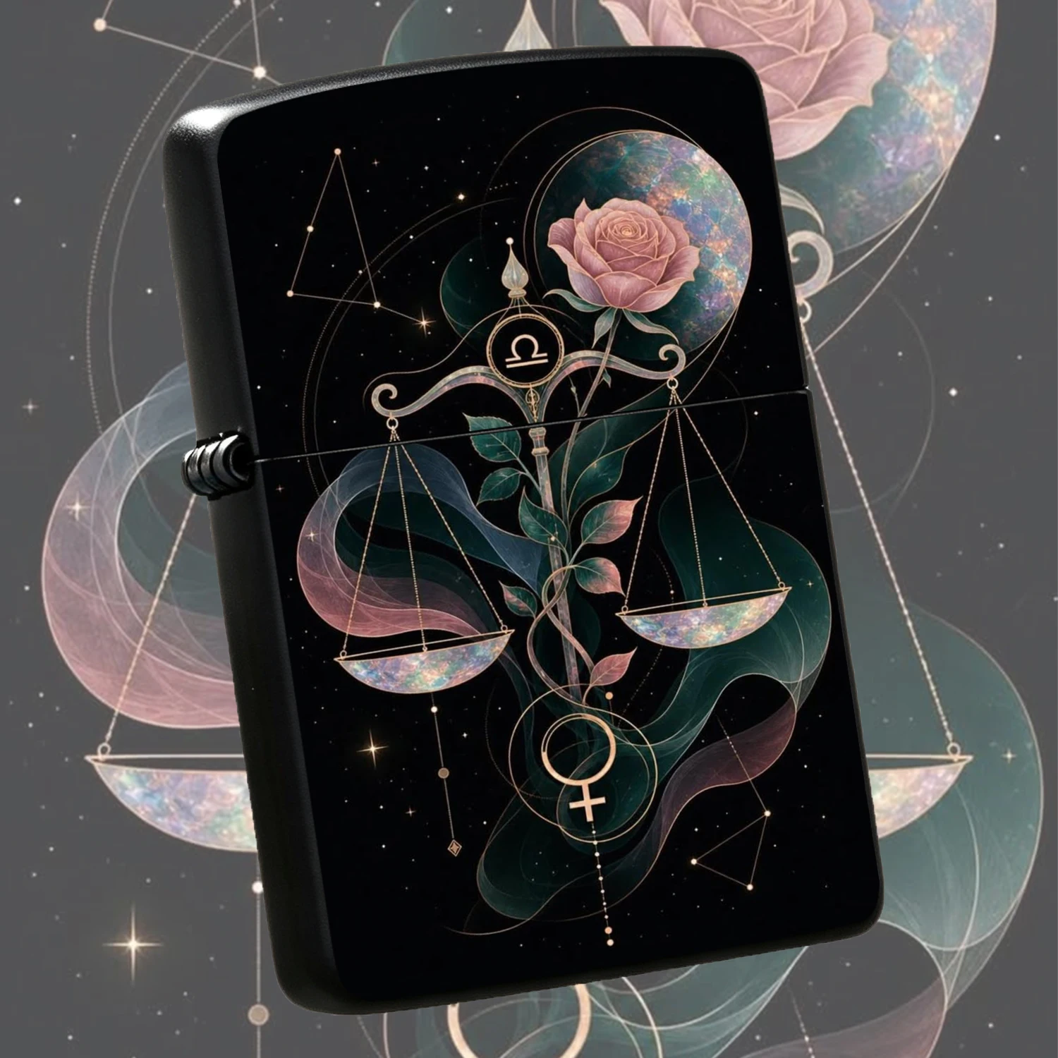 Exquisite Dreamy Libra Themed Lighter, Romantic Starry Sky Rose Art Design, Aesthetic Portable Daily Use Item, Suitable For All Scenarios, Unique Stylish Zodiac Surrounding Practical Creative Gift For Your Friends And Family A Humorous And