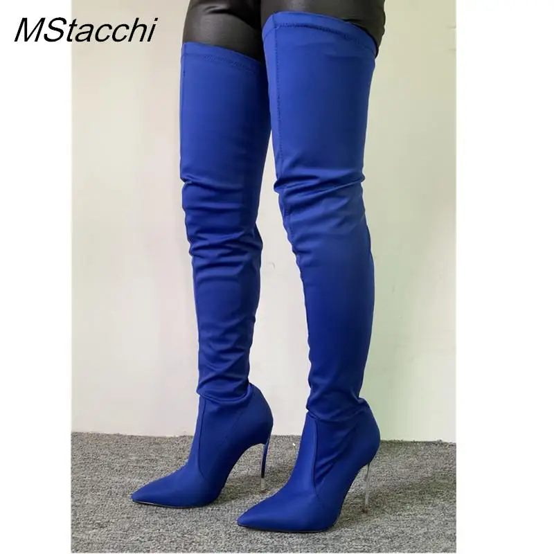 MStacchi Women Sexy Over The Knee Boots Woman Pointed Toe Thin Heels Elastic Fabric Botas Mujer Autumn Winter Party Long Boots