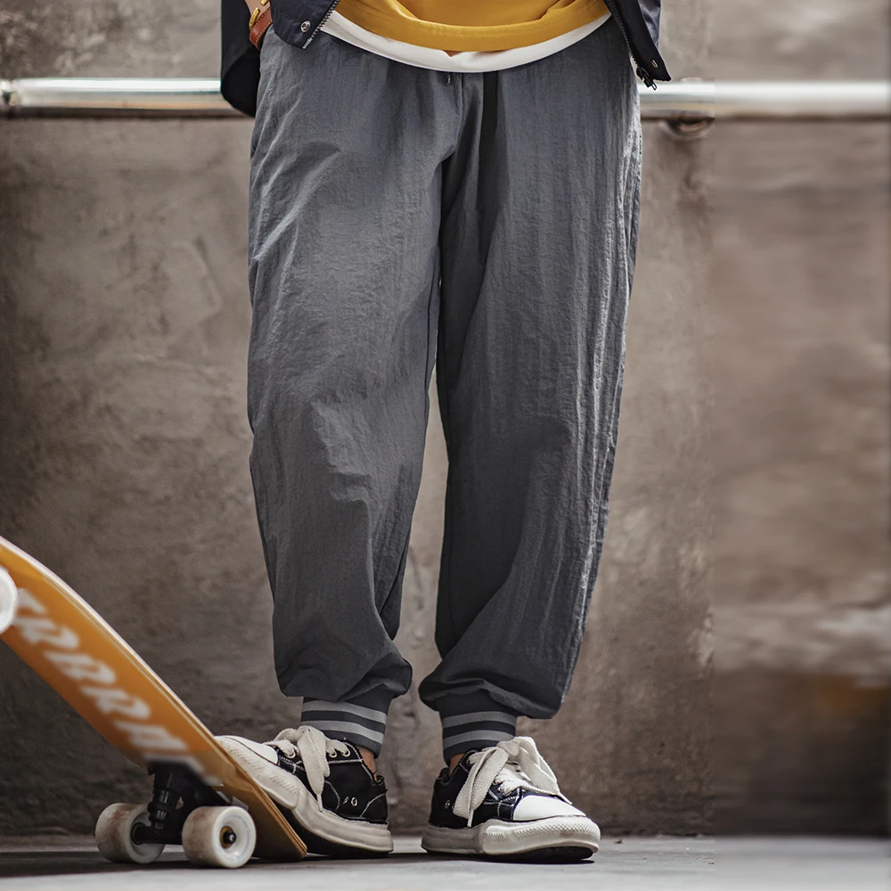 Maden Casual Striped Jogger Pants with Elastic Waistband Drawstring Design Solid Color Thin Trousers for Men\'s Autumn