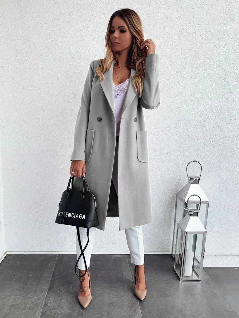 

Women Winter Solid Color Long Sleeve Button Pocket Classic Outerwear Streetwear Wool Blend Coat Female Clothes OL Trench Jacket