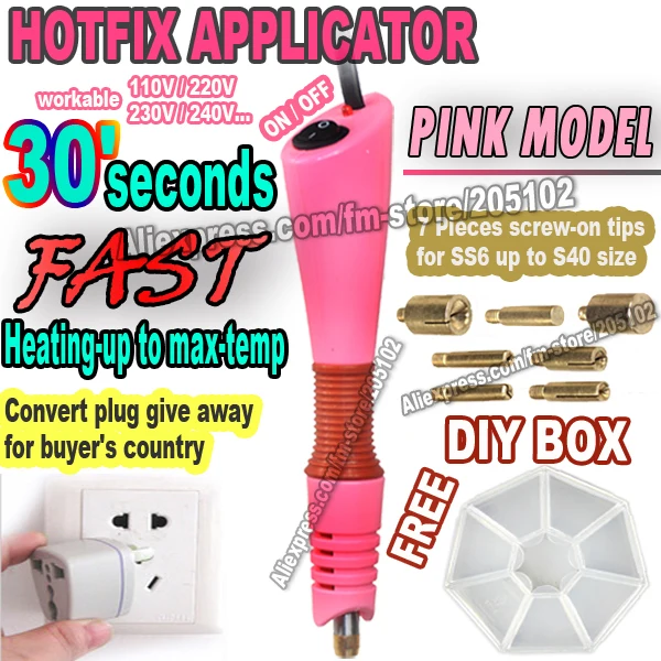 Rapid Heat HotFix Applicator ! 1 set/lot Pink Purple wand Gun+free DIY box for Hot fix Rhinestones iron on crystals strass stone