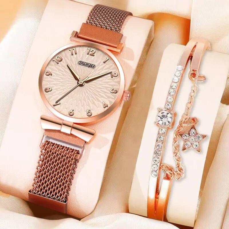 2PCS Set Fashion Women Bracelet Quartz Watches Women Magnetic Watch Ladies Sports Dress Rose Gold Wrist Watch Clock Reloj Mujer