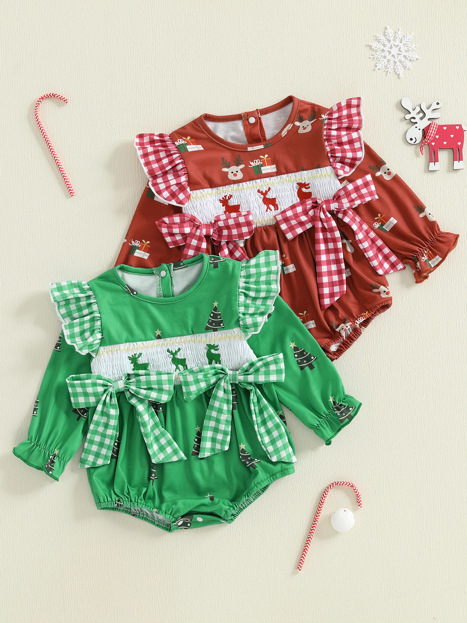 Mameluco navideño a cuadros para niños pequeños con estampado de renos y detalle de lazo en 3D, mono de manga larga con cuello redondo para niña